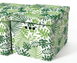Dekorativní kartonová krabička TROPICKÉ LISTY XL, úložný box s víkem 42x32x32cm