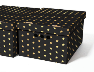 Dekorativní kartonová krabička ČERNÉ / ZLATÉ HVĚZDY A4 úložný box vel 33x25x18cm