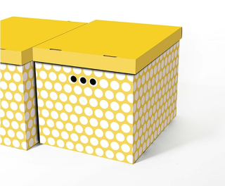 Dekorativní kartonová krabičk BÍLÉ TEČKY / ŽLUTÉ POZADÍ XL úložný box 42x32x32cm