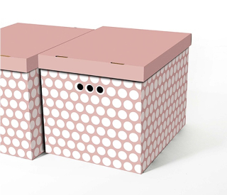 Dekorativní kartonová krabička BÍLÉ TEČKY RŮŽOVÉ POZADÍ XL úložný box 42x32x32cm