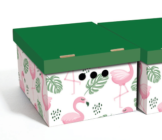 Dekorativní kartonová krabička PLAMEŇÁCI A LISTY A4 úložný box, PROMOCE